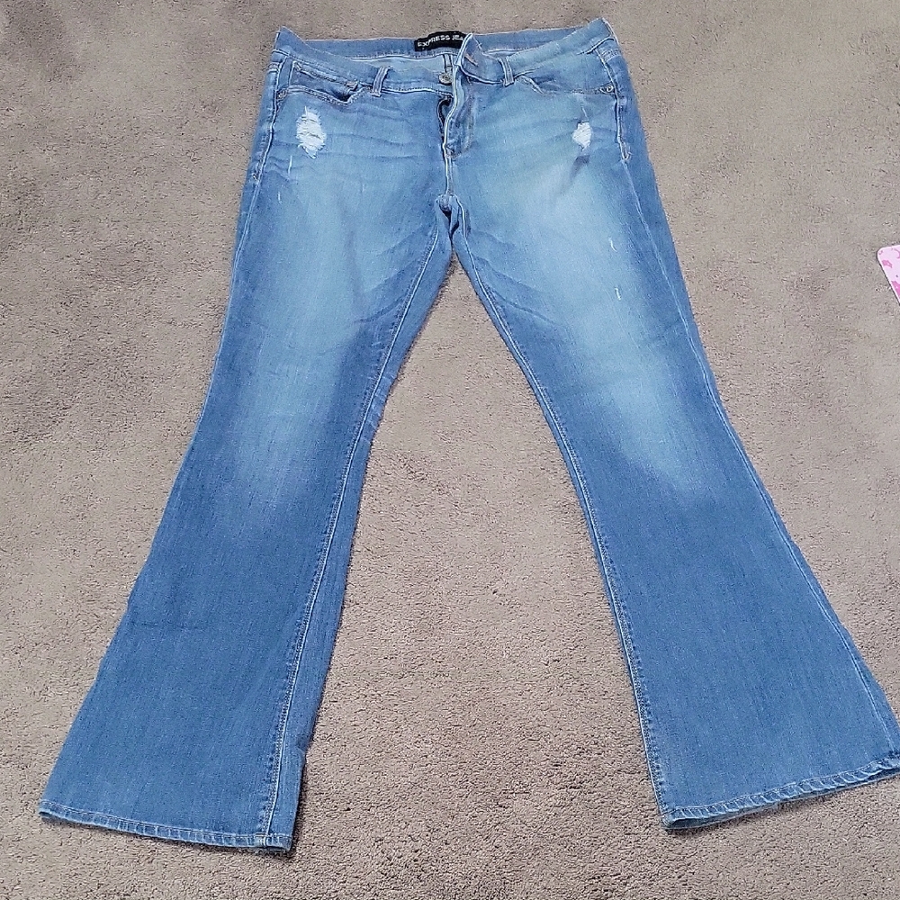 Express Light Blue Distressed Flare Jeans